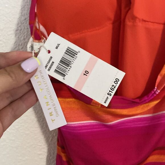 NWT- TRINA TURK-Solstice Stripe (pink/orange/red) Plunge Swimsuit-Size 10 - Picture 10 of 12